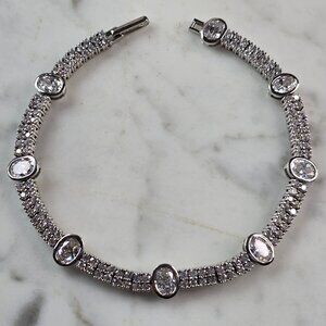 Womens Vintage Estate Sterling Silver CZ Anklet Tennis Bracelet, 16.5g E3694